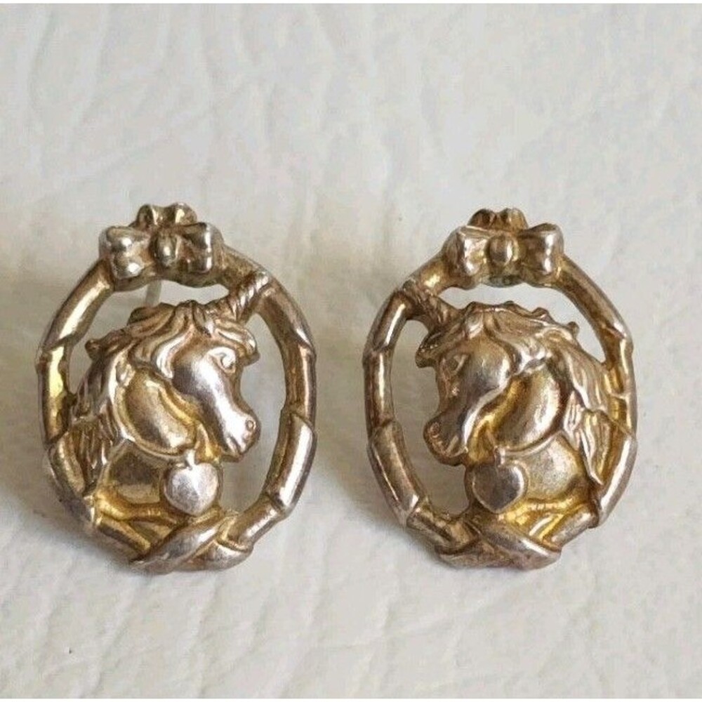 Vintage Gorham Sterling Silver Unicorn Ribbon Bow Earrings .75" 10g